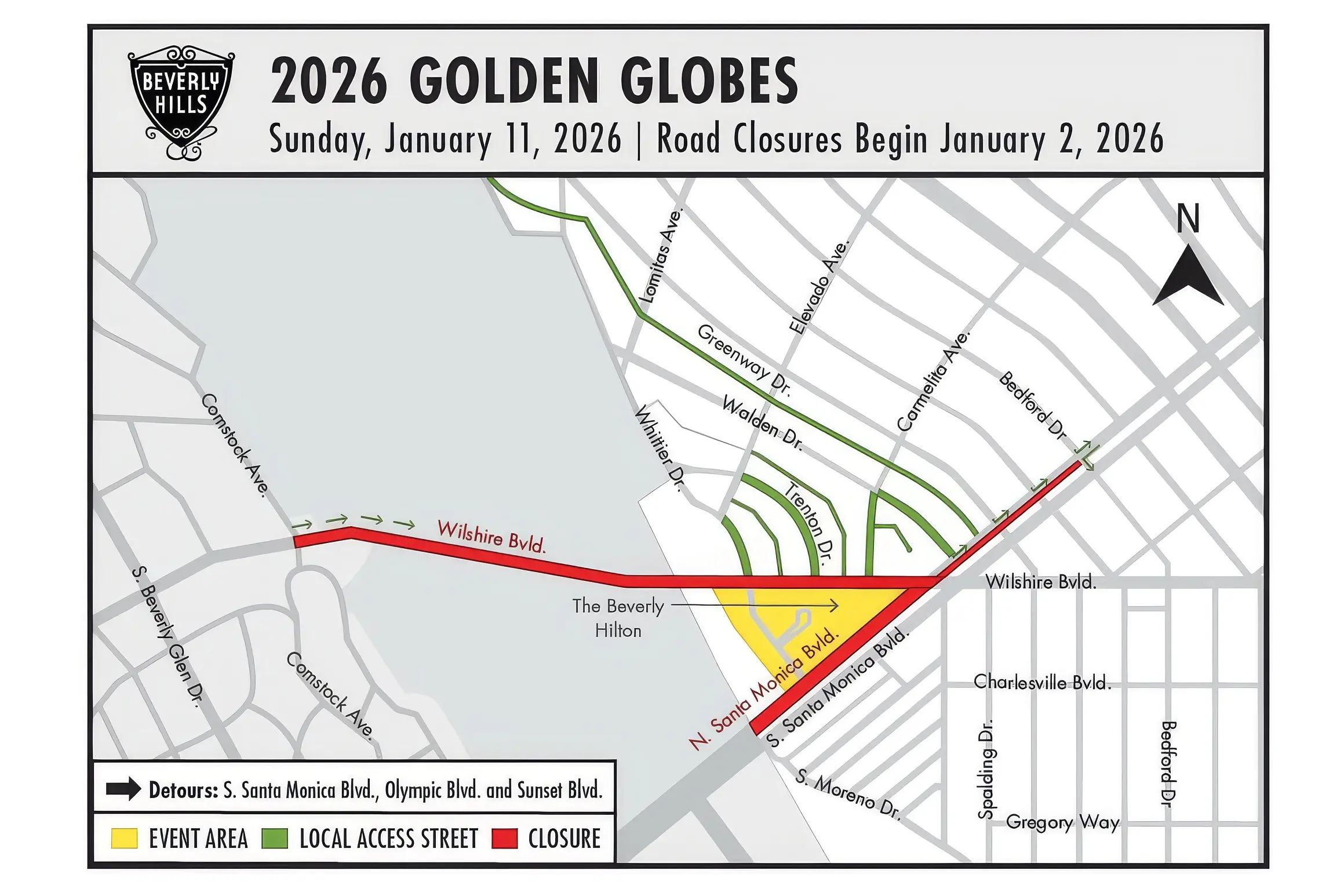 2026 Golden Globe Awards Beverly Hills Street closure map