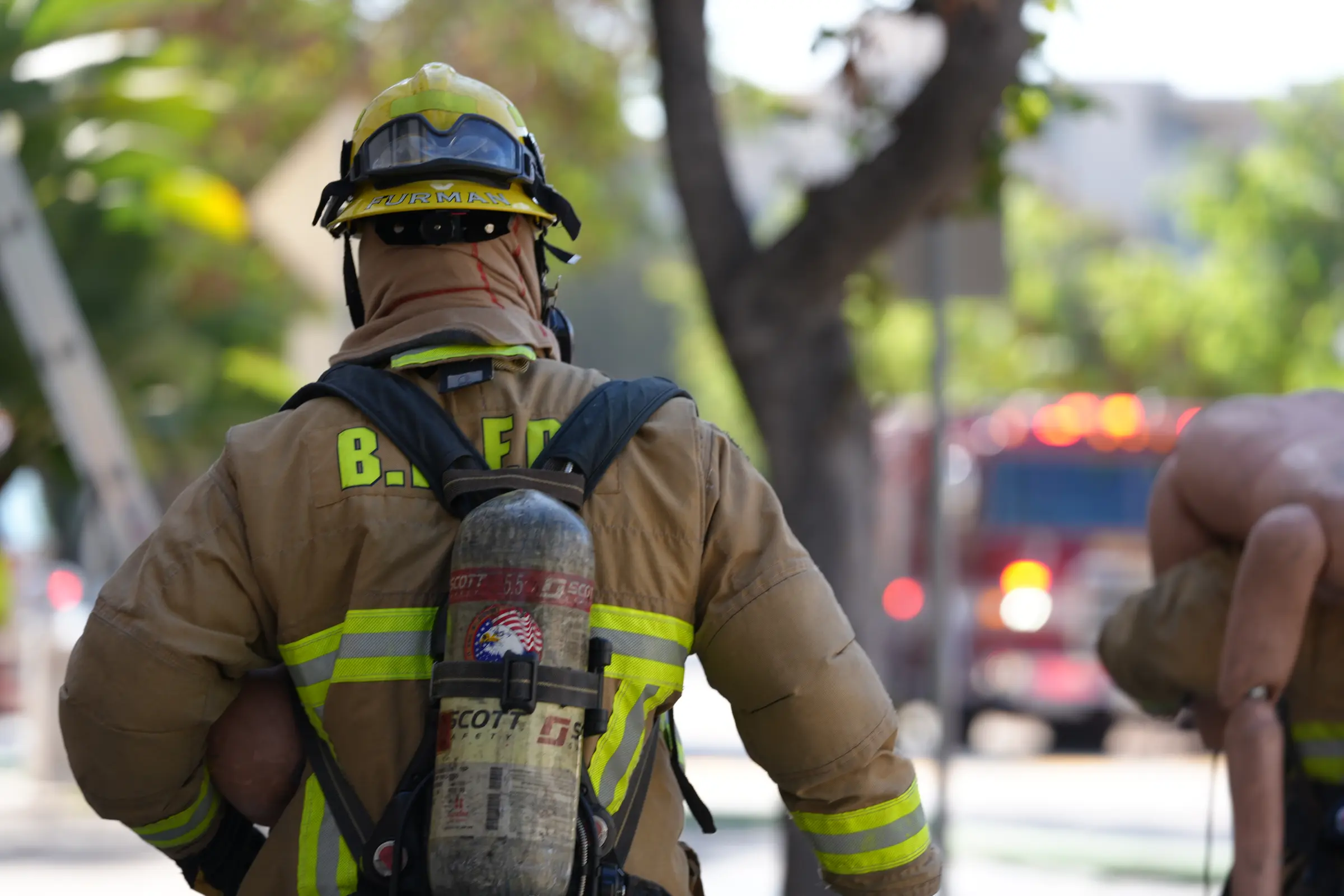 A Beverly Hills firefighter in full protective equipment participates in simulated emergency operations at the Lasky Building.