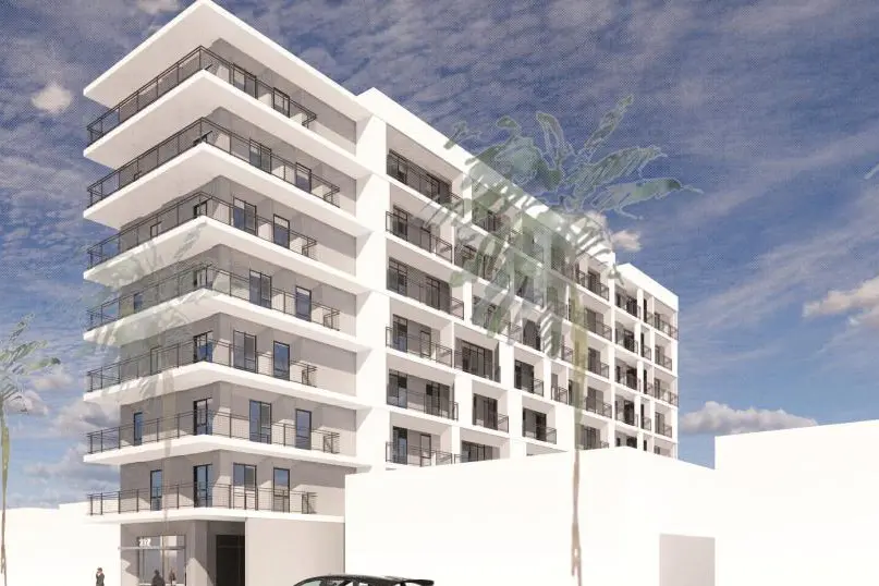 A rendering shows the proposed eight-story, 55-unit residential development at 232 Tower Drive in Beverly Hills.
