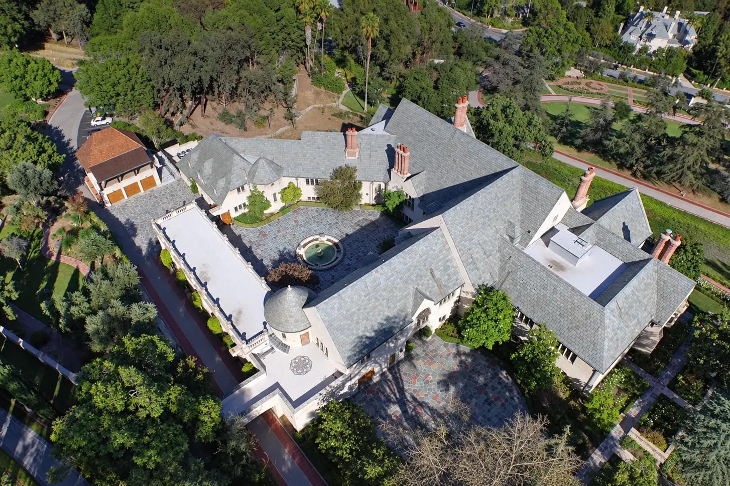 An aerial view of Greystone Mansion in Beverly Hills.
