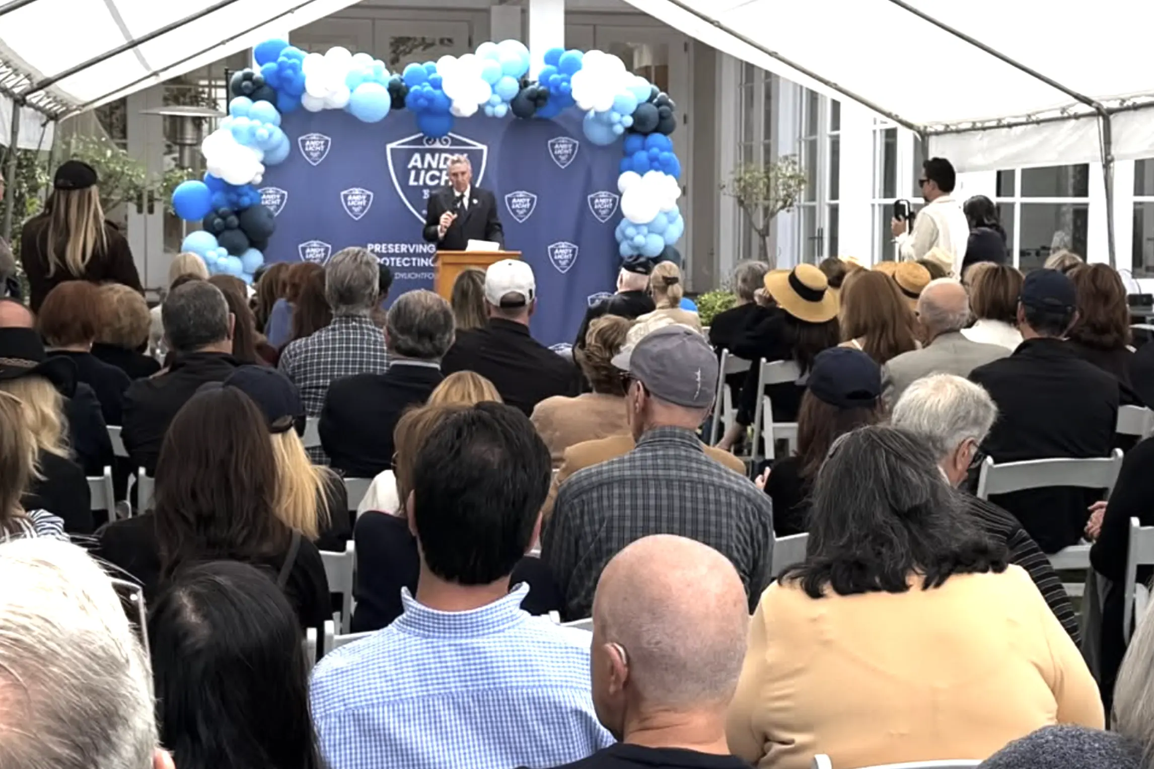 Andy Licht speaks to supporters during his Beverly Hills City Council campaign kickoff.
