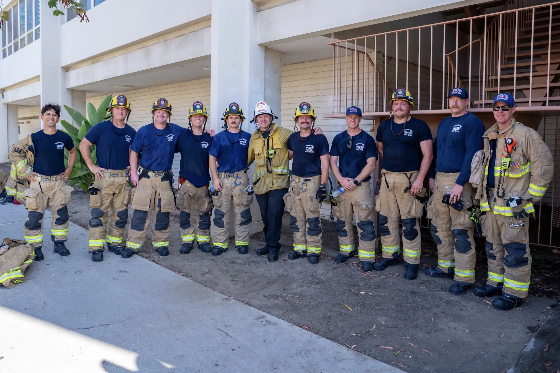 Beverly Hills Fire Department personnel gather outside the Lasky Building following Sunday’s joint training exercise with BHUSD.
