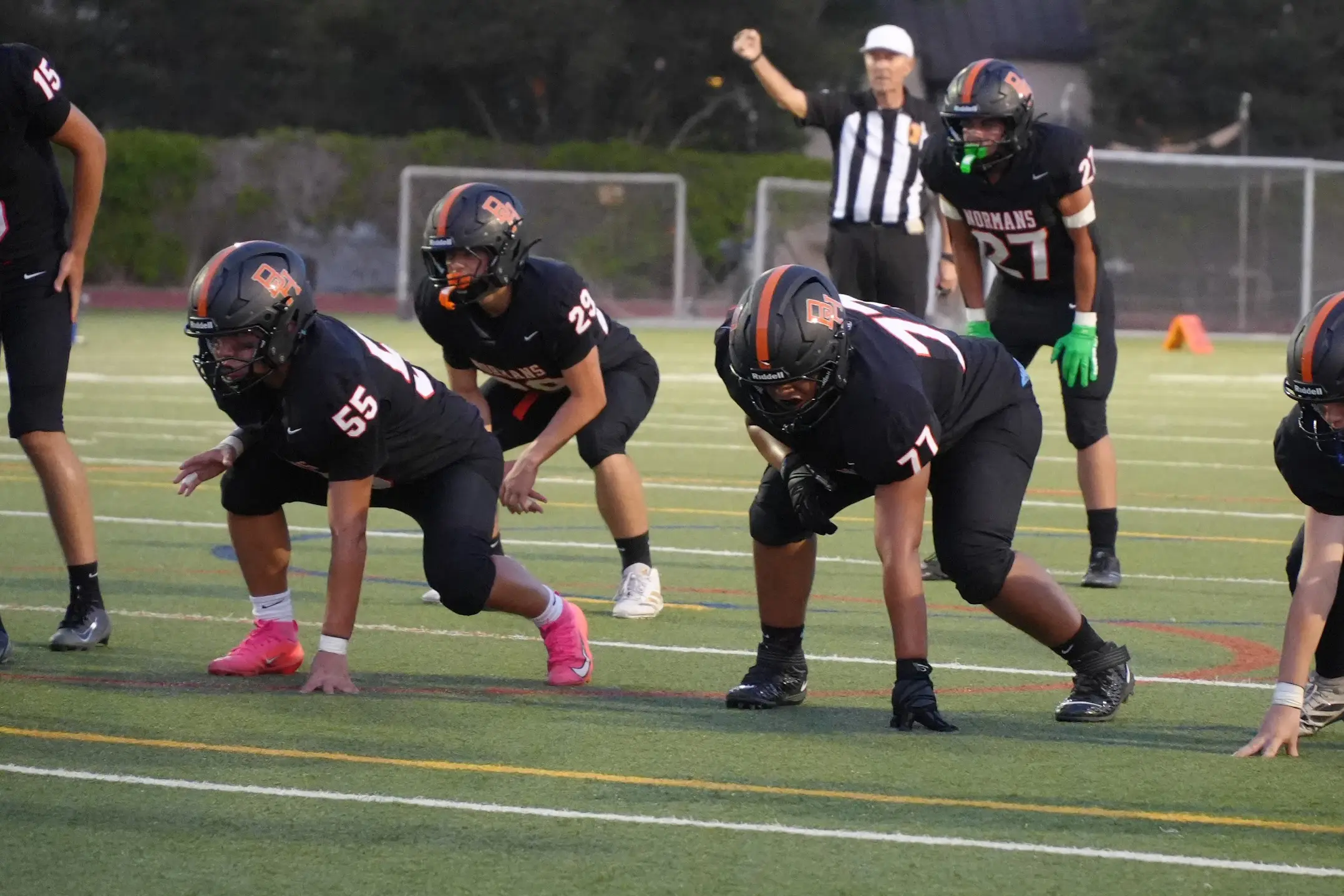 Beverly Hills High School's offense lines up against Centennial during the Normans' home opener on Aug. 28 at BHHS.