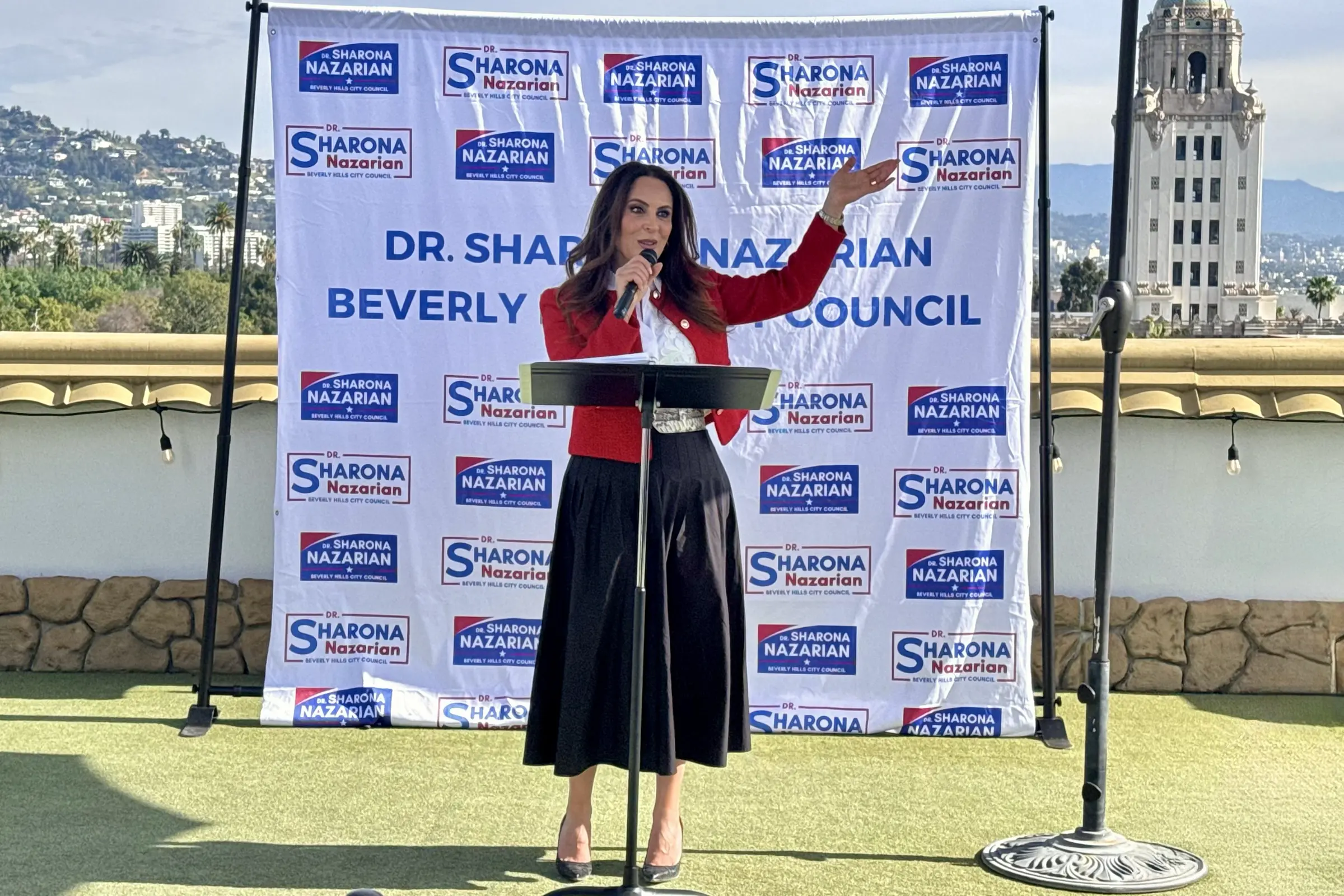 Beverly Hills Mayor Sharona Nazarian addresses supporters during her reelection nomination signing event at Beverly Hills Towers on Canon Drive.