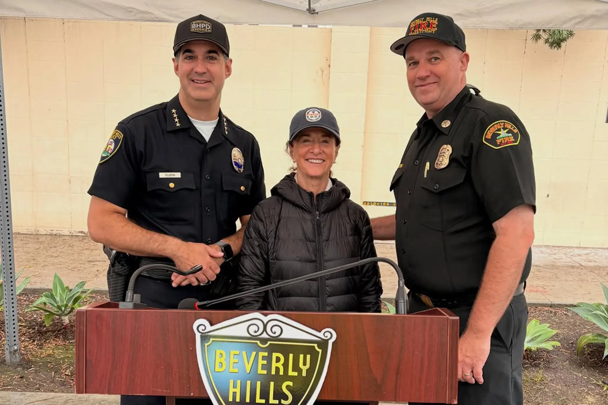 Beverly Hills Police Chief Max Subin, Just in Case BH co-founder Vera Markowitz and Fire Chief Greg Barton at the city's Emergency Preparedness Fair on Sept. 6, 2026.