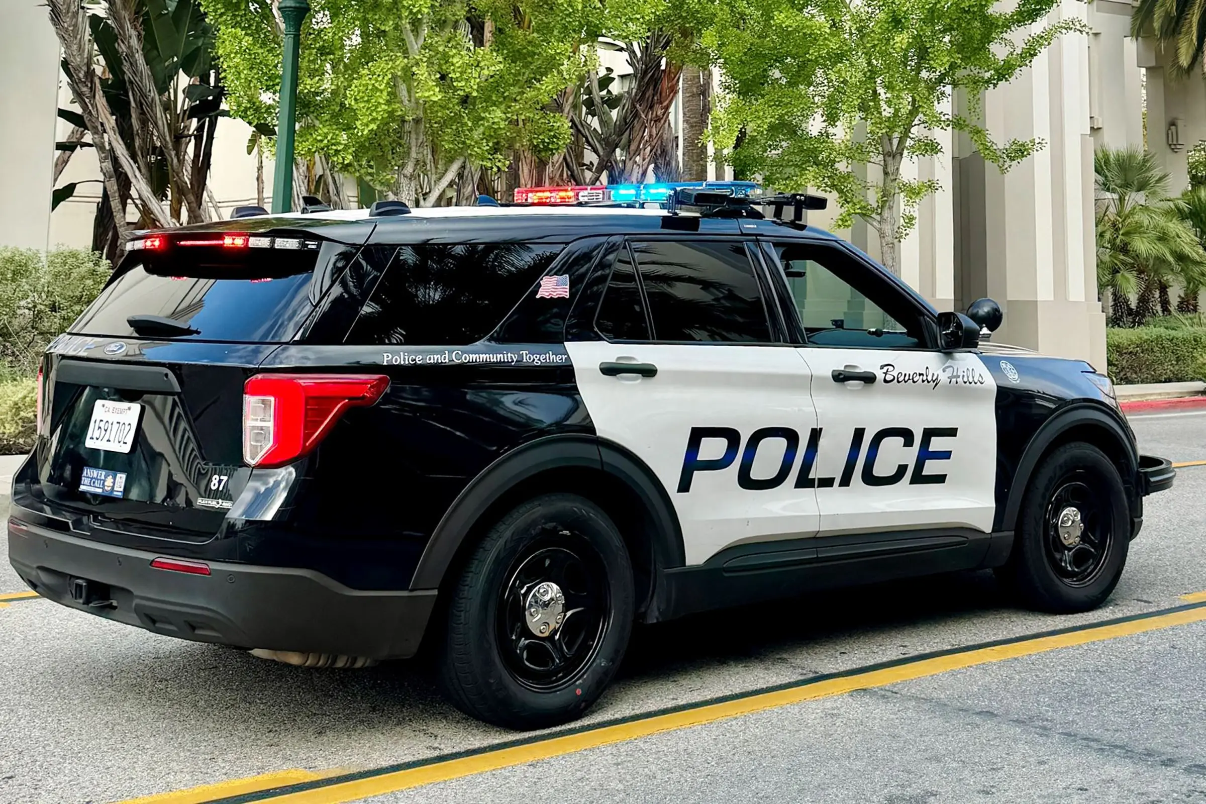 Beverly Hills Police Department patrol vehicle outside the Civic Center.