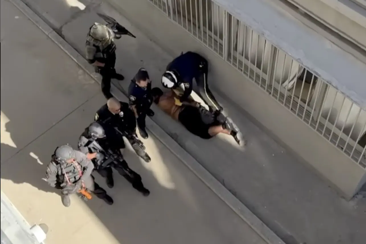 Beverly Hills police officers, including personnel in tactical gear, take a man into custody near Hamilton Drive following reports of a weapon near the Wilshire/La Cienega Metro station.