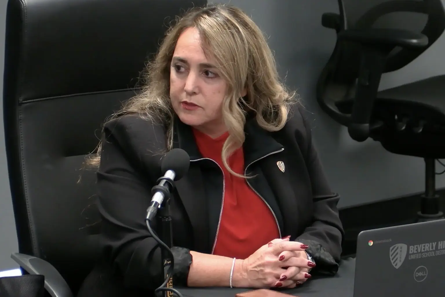 Beverly Hills Unified School District Board Vice President Sigalie Sabag at a Board of Education meeting.