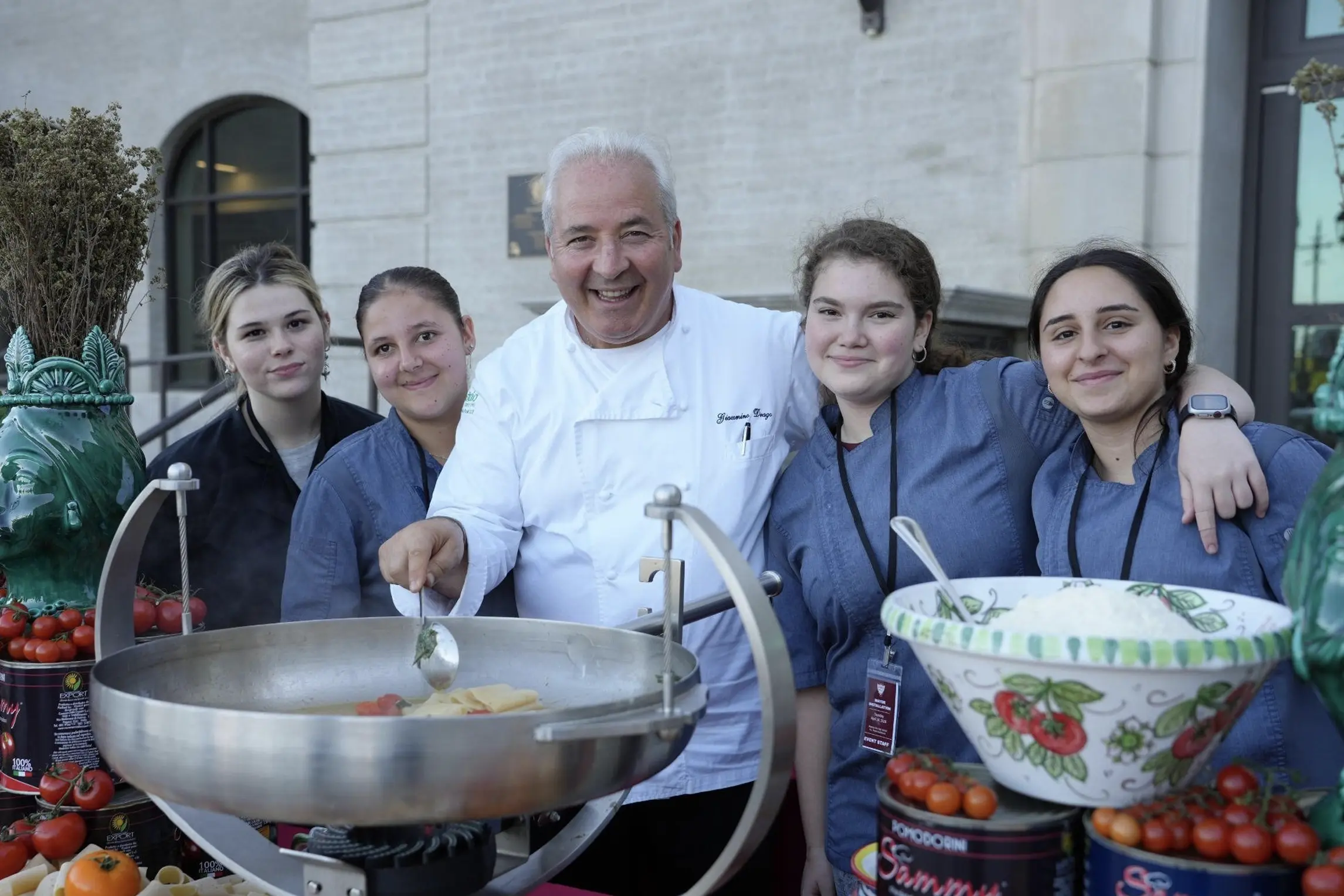 BHHS Culinary Arts students work alongside Chef Giacomino Drago during the Beverly Hills Mayoral Installation, gaining hands-on experience in a live culinary setting through an advanced Career Technical Education opportunity.