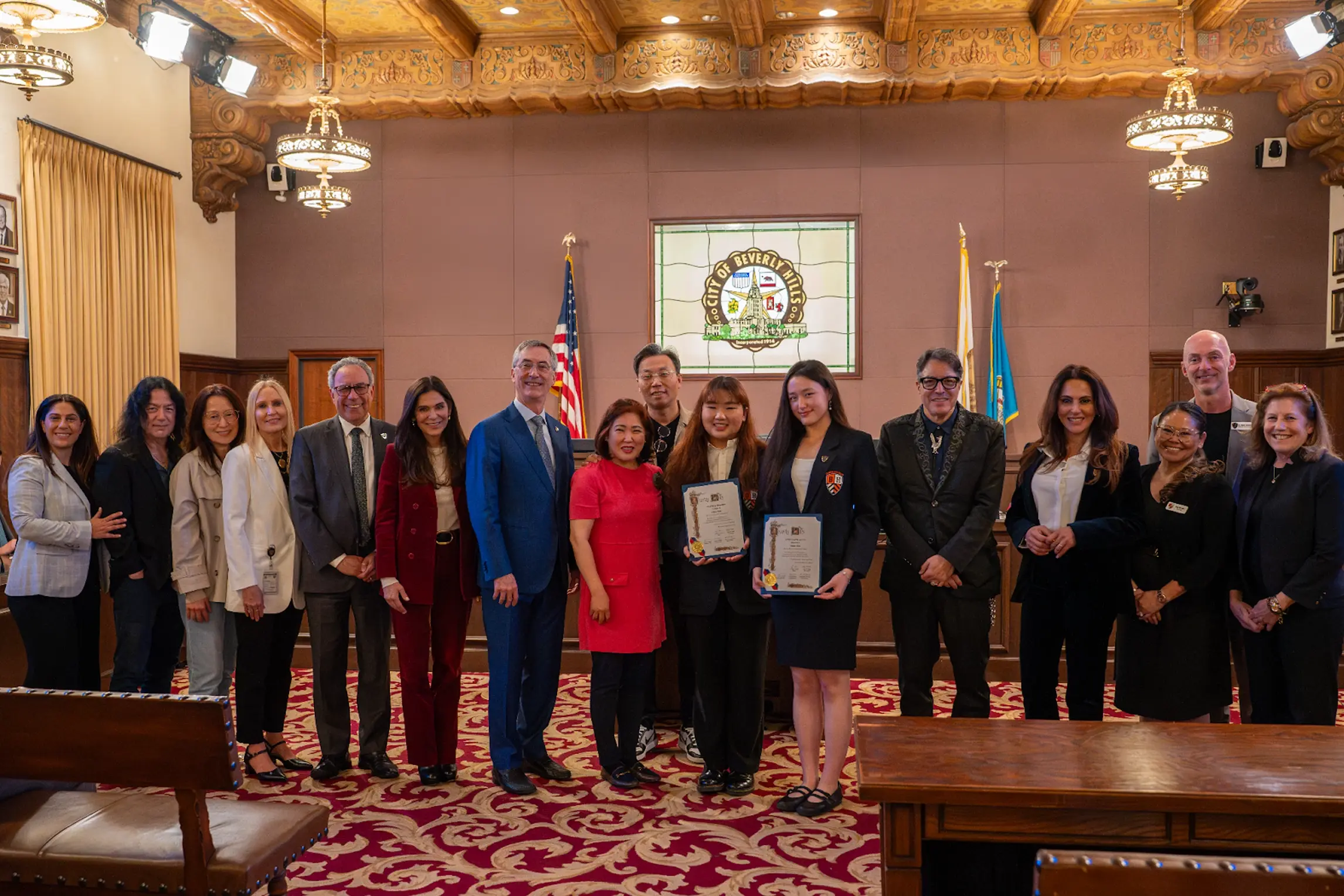 BHHS students Janice Moon and Naomi Yasui are recognized by the Beverly Hills City Council on April 21, 2026, alongside BHUSD Leaders, BHUSD Board President Judy Manouchehri, City officials, and community leaders at Beverly Hills City Hall.