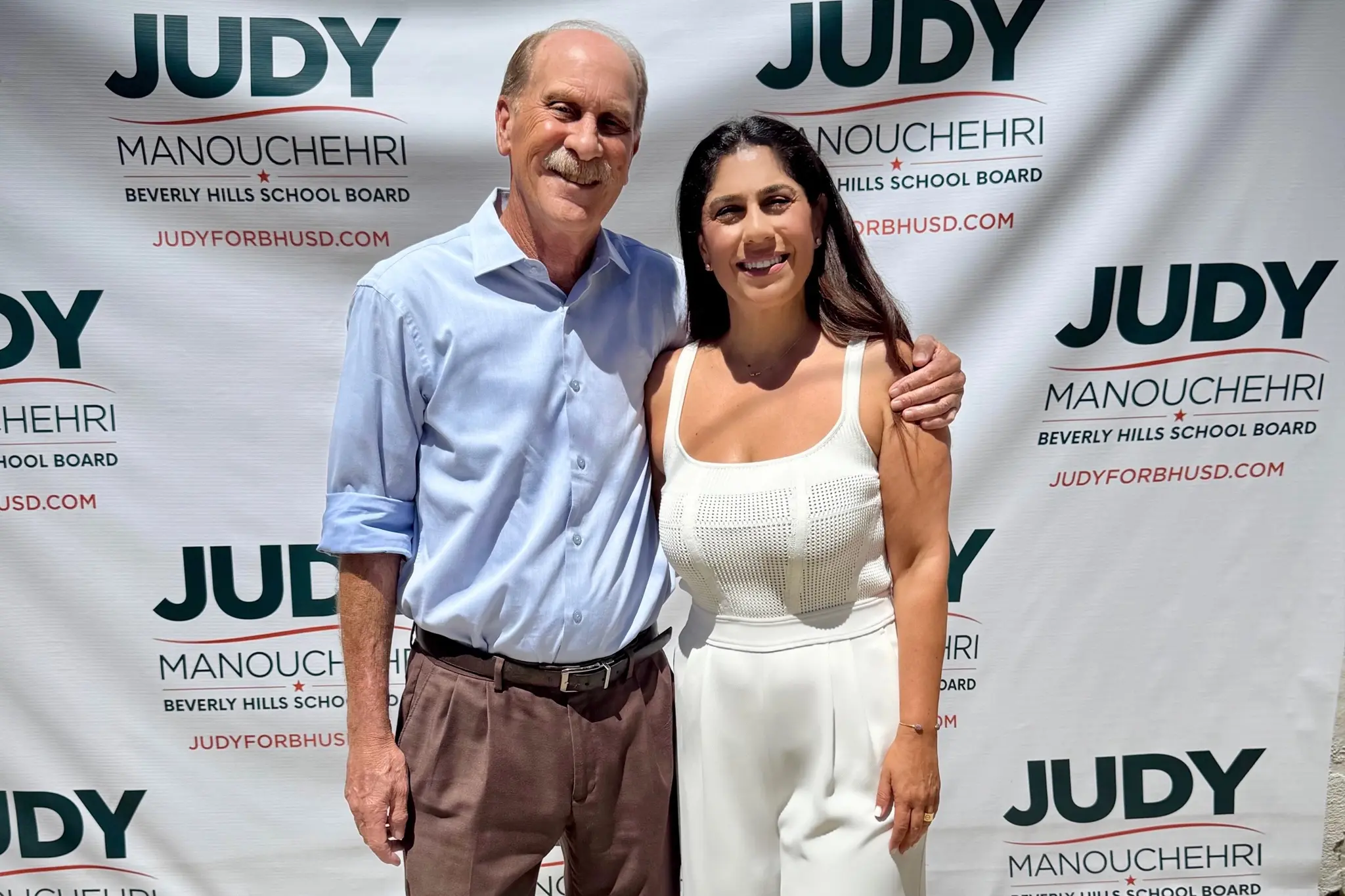 BHUSD Board President Judy Manouchehri with former BHUSD Superintendent Steve Kessler, who introduced and endorsed Manouchehri at her re-election campaign launch.