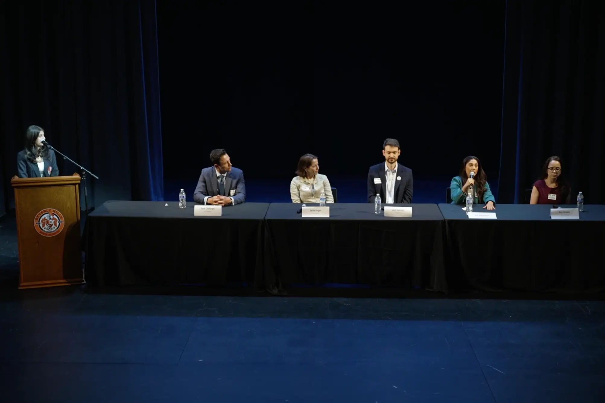 BHUSD candidates, seated from left, David Cienfuegos, Jackie Kruger, Jared Gonzales, Judy Manouchehri and Kimberly Lifschitz participate in the student-led candidate forum at Beverly Hills High School on October 5, 2026.