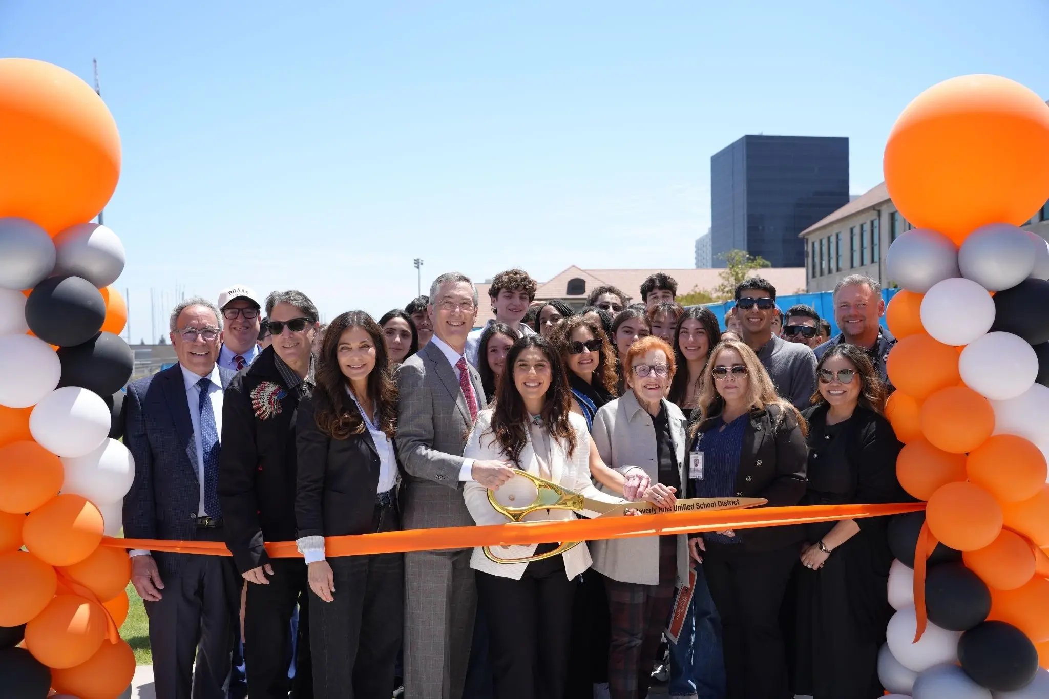 Board of Education and City Council members join Beverly Hills High School students on the newly reopened Grand Lawn, celebrating its reopening and return as the heart of campus life.
