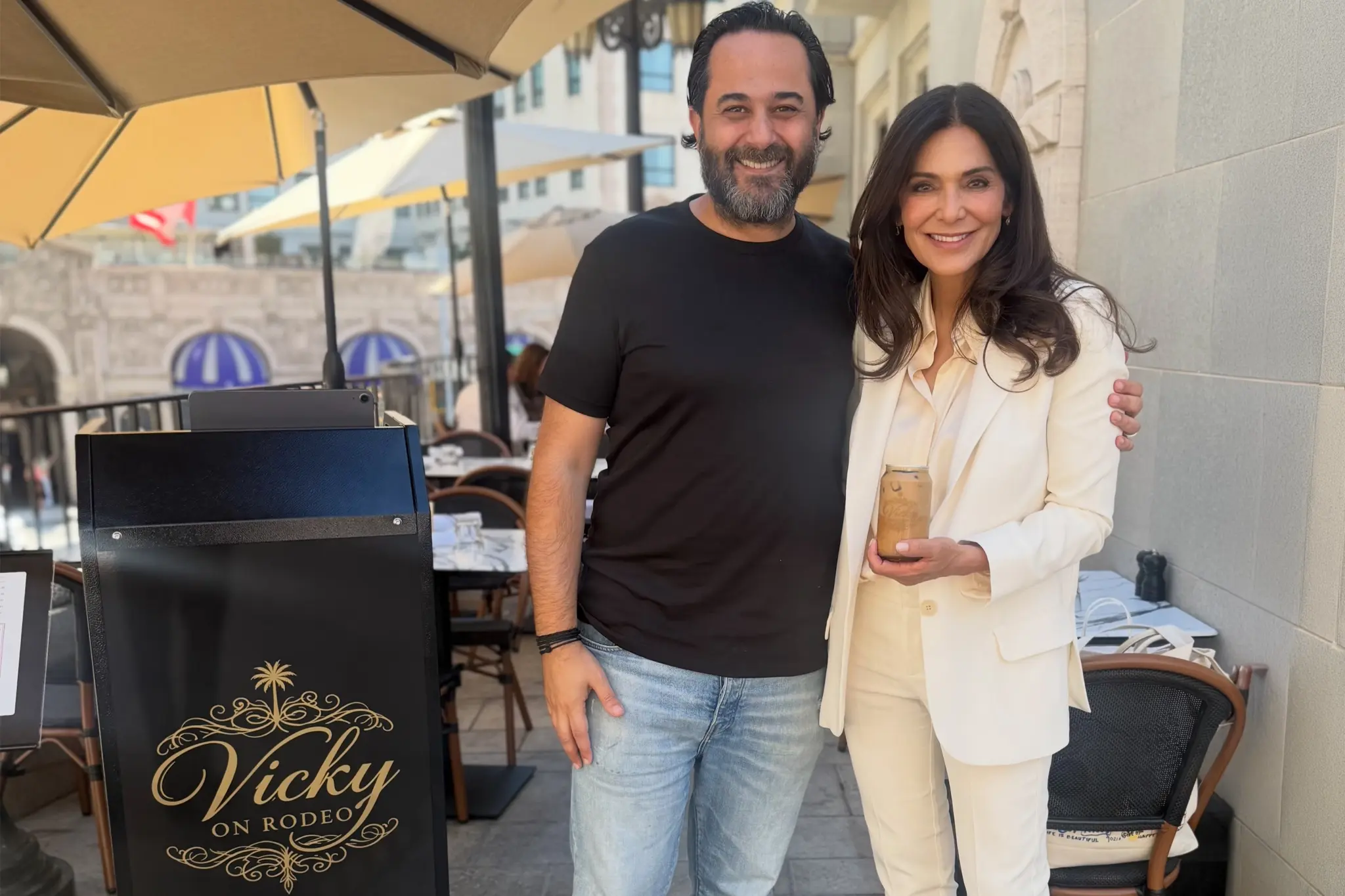 Chef and restaurateur Vincent Beloliel with Beverly Hills Vice Mayor Mary Wells outside Vicky on Rodeo, the French brasserie at Two Rodeo Drive.