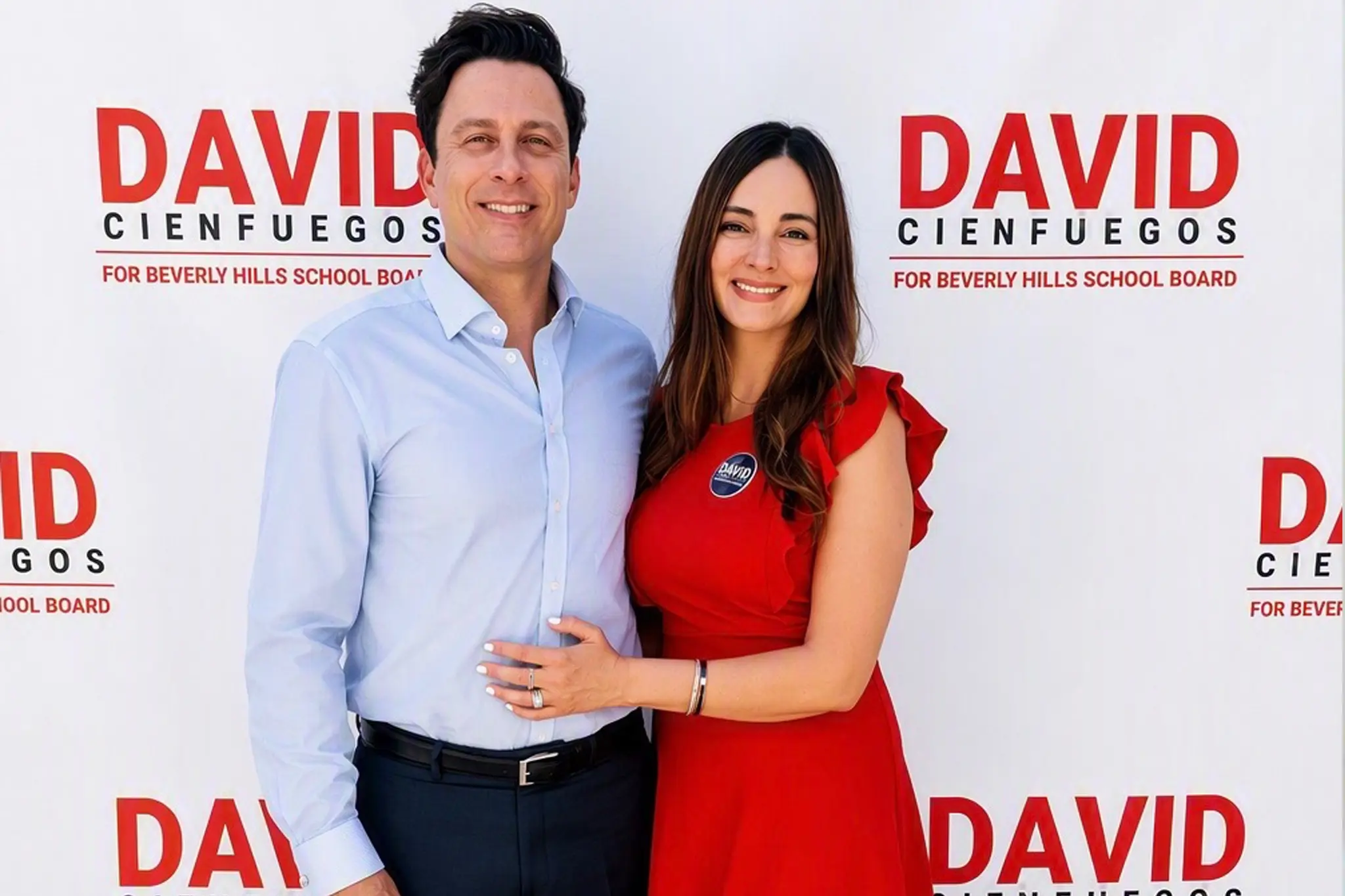 David Cienfuegos stands with his wife, Mona Cienfuegos, during his Aug. 23 campaign kickoff for the Beverly Hills Unified School District Board of Education.