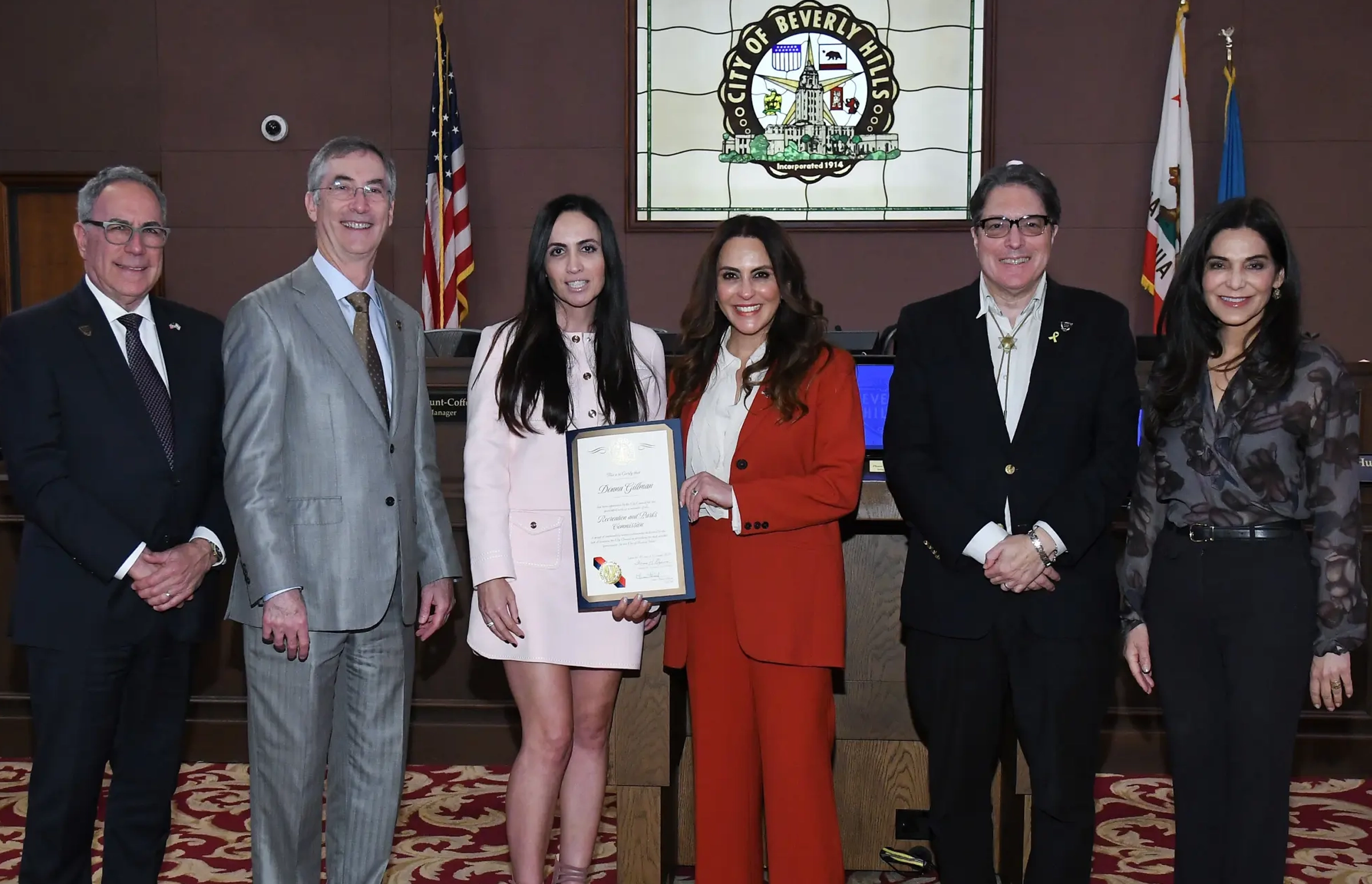 Donna Gillman swearing in to the Beverly Hills Recreation and Parks Commission at City Hall, joined by members of the City Council
