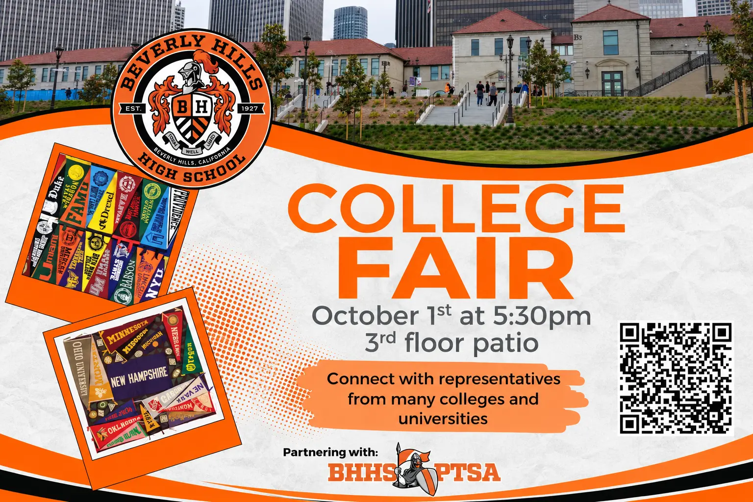 Beverly Hills High School's 2026 Fall College Fair will bring representatives from more than 30 colleges to the third-floor patio on Oct. 1 from 5:30 to 7 p.m.