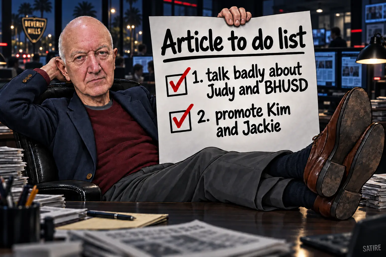 Satirical caricature of Peter Ostroff reclining at a news desk with his feet raised, holding a checklist with two red checkmarks.