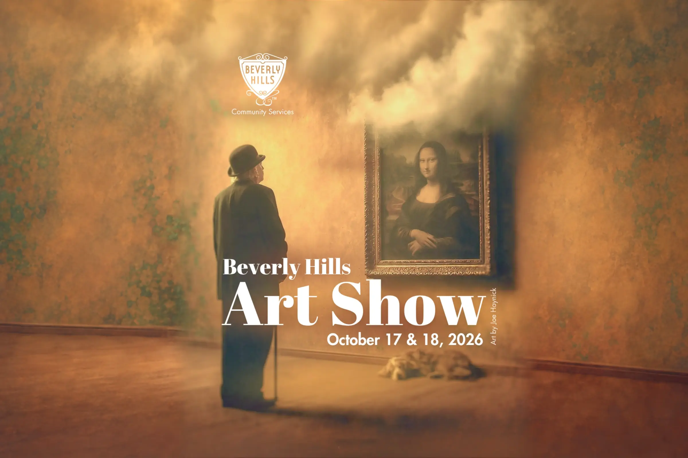 Beverly Hills Art Show graphic showing a visitor viewing the Mona Lisa, with dates October 17 and 18, 2026