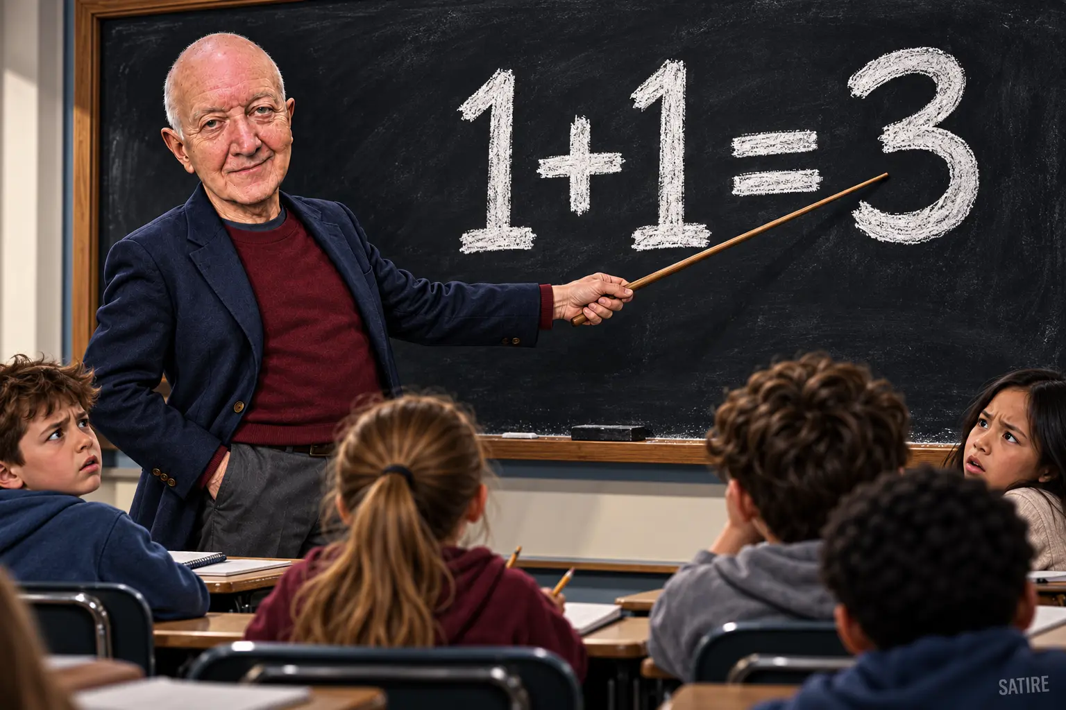 Satirical illustration of Peter Ostroff pointing to 1+1=3 on a classroom blackboard while students look puzzled.
