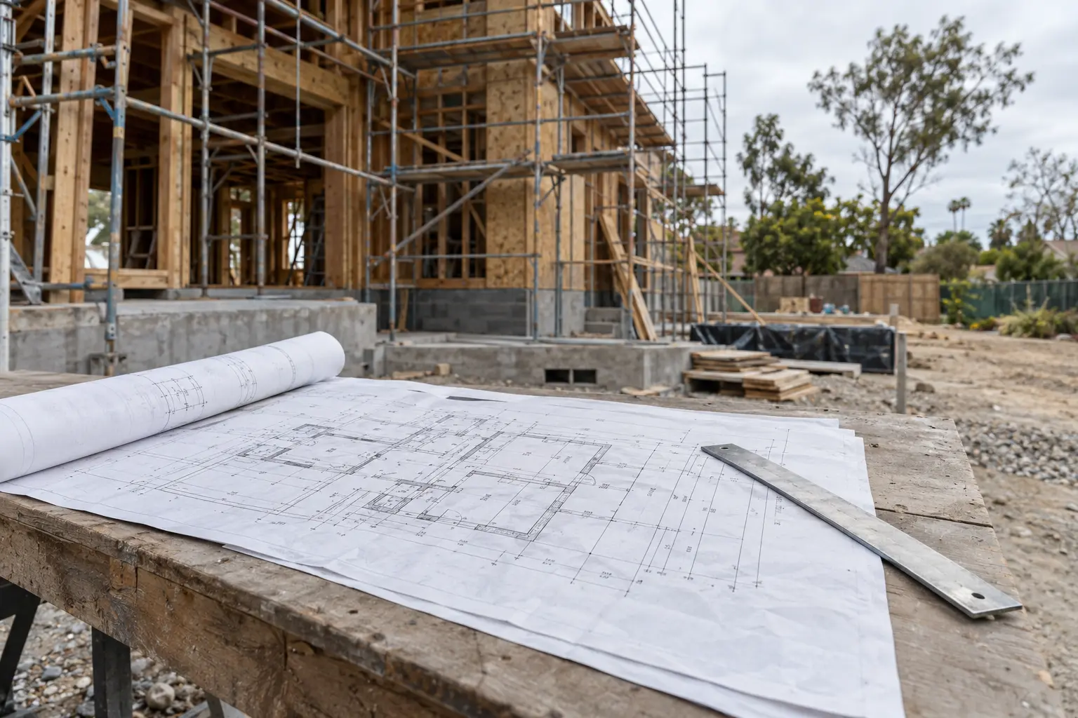 Photographic illustration of building plans and a metal straightedge on a worktable beside a building under construction.