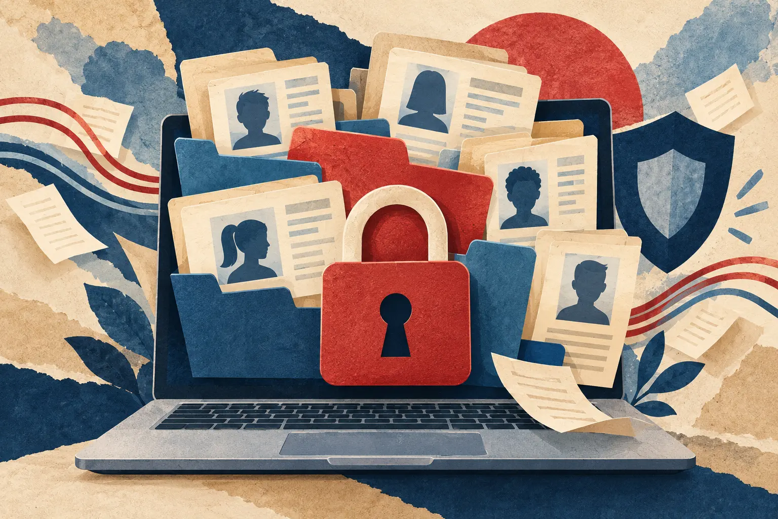 Illustration of a laptop with anonymous student-record folders, a red padlock and a security shield.