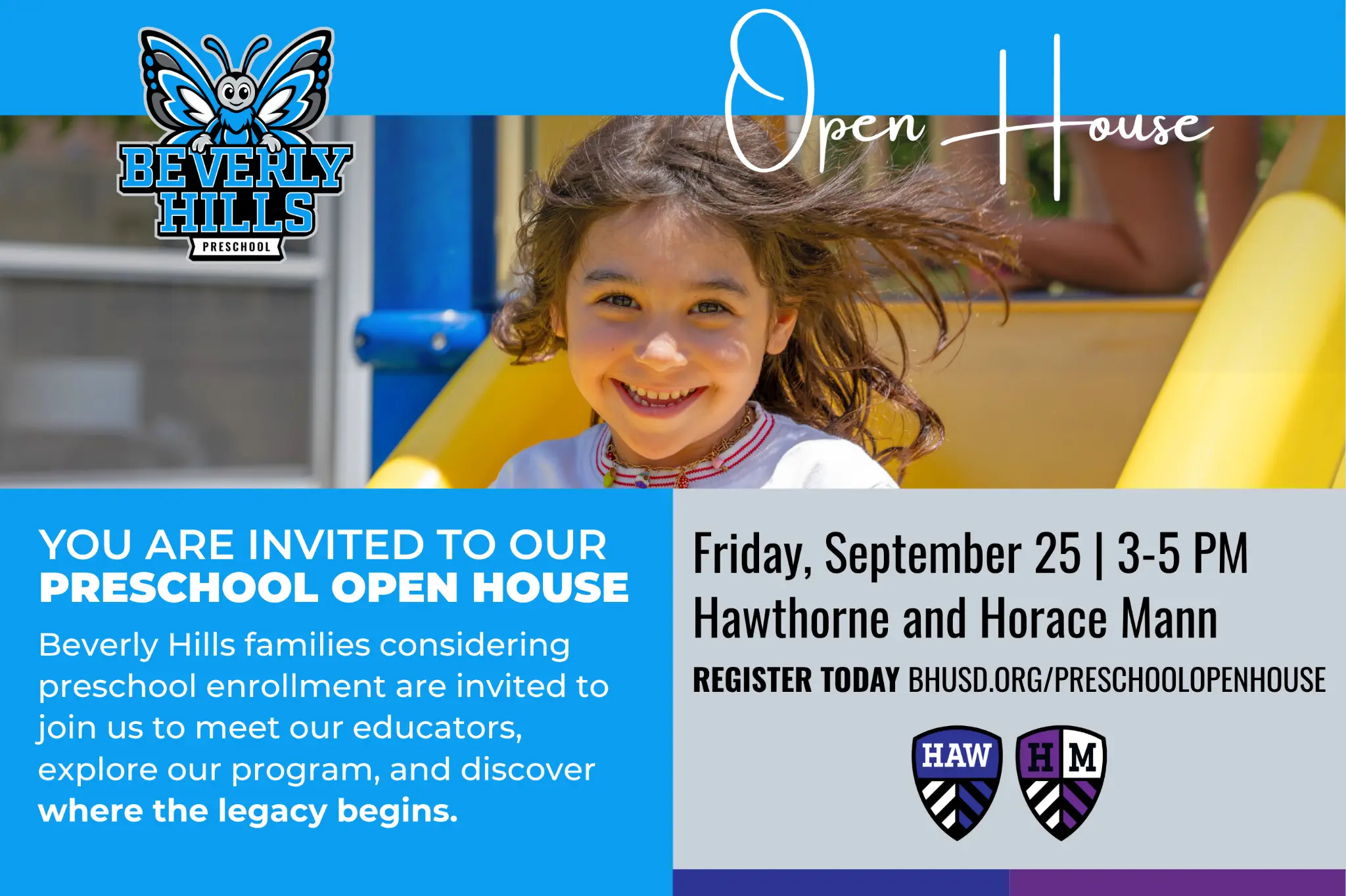 Beverly Hills Preschool open house flyer for September 25, 2026, from 3 to 5 p.m. at the Hawthorne and Horace Mann campuses.