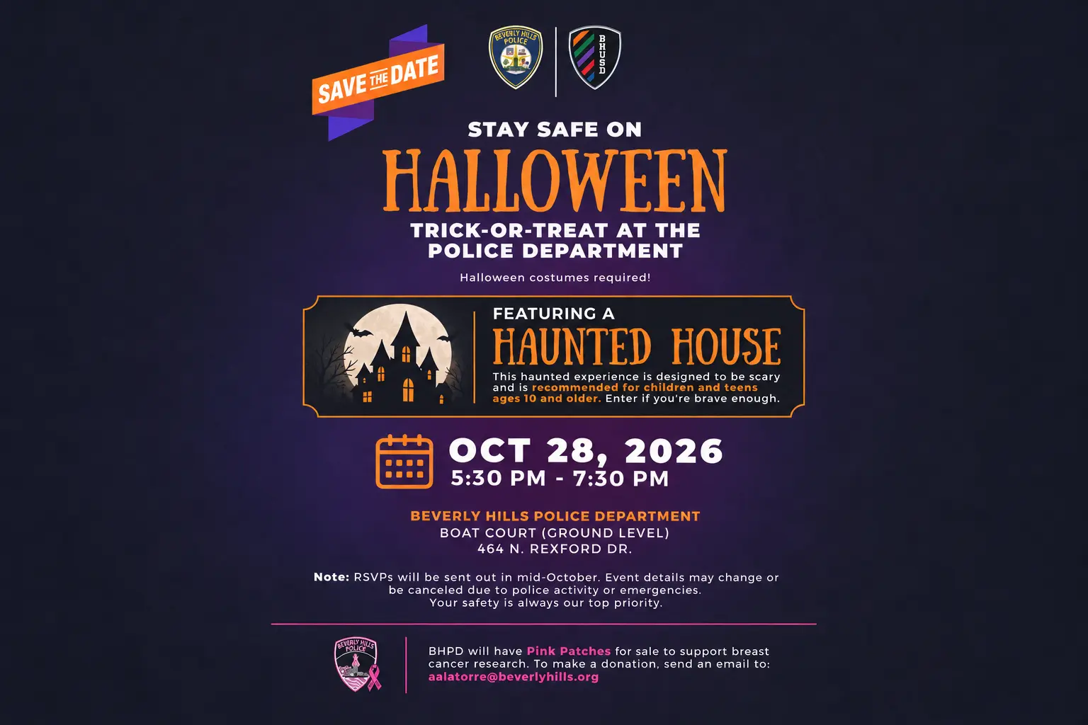 Beverly Hills Police Department Halloween flyer listing trick-or-treating and a haunted house on October 28, 2026, from 5:30 to 7:30 p.m.