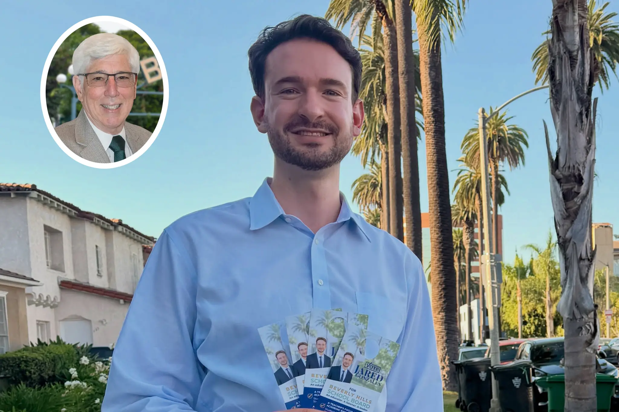 Jared Gonzales holds campaign materials on a palm-lined residential street, with an inset portrait at the upper left.
