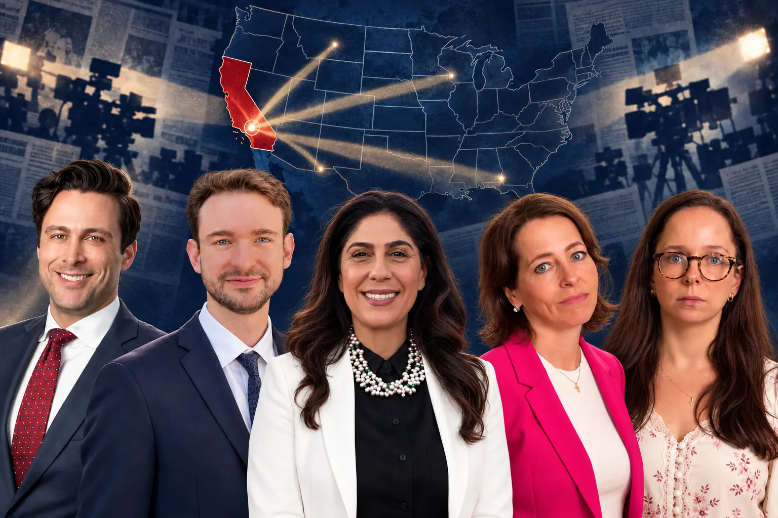 Photo illustration of David Cienfuegos, Jared Gonzales, Judy Manouchehri, Jackie Kruger and Kimberly Lifschitz beneath a United States map and spotlights from Southern California.