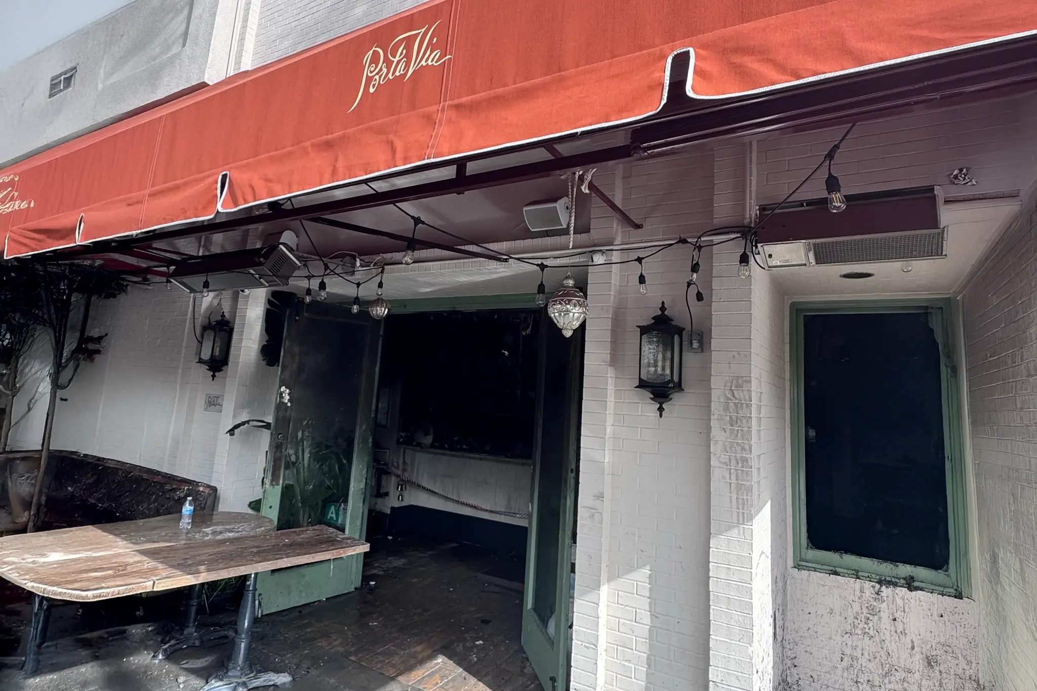 Exterior of Porta Via Restaurant in Beverly Hills following the Dec. 25 kitchen fire.