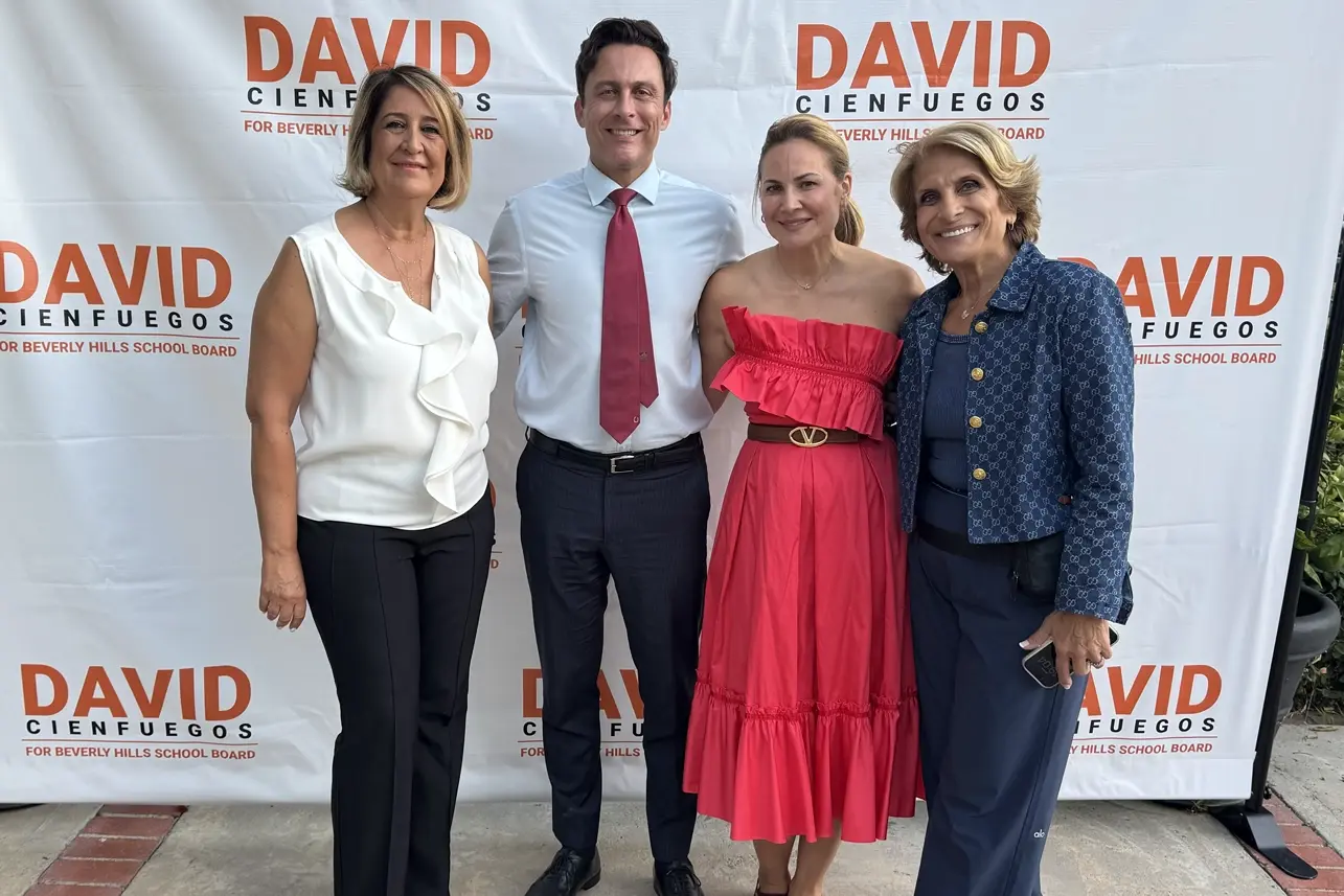 From left, Nellie Emrani, BHUSD Board candidate David Cienfuegos, media strategist and BHUSD parent Ellie Kadz, and former BHUSD Board President Nooshin Meshkaty at Cienfuegos' South Peck Drive meet-and-greet.