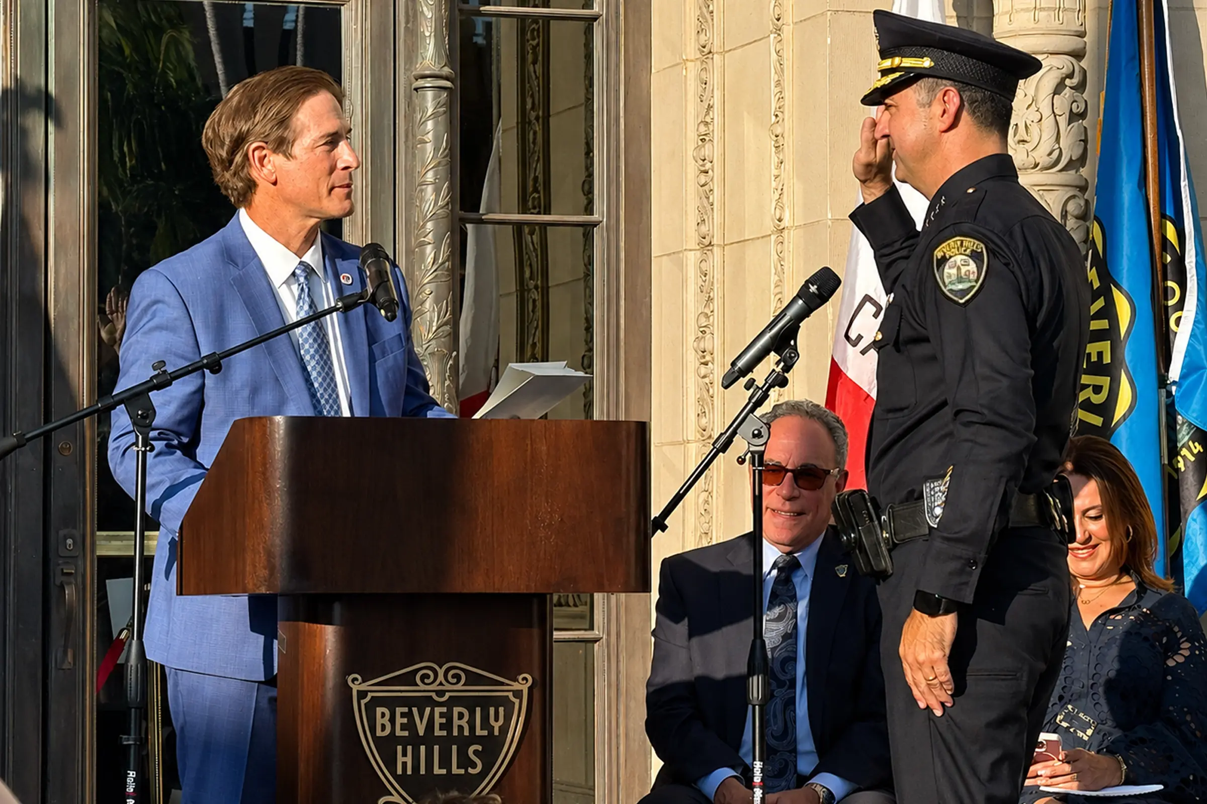 Los Angeles County District Attorney Nathan Hochman administers the oath of office to newly appointed Beverly Hills Police Chief Max Subin during his swearing-in ceremony on the steps of Beverly Hills City Hall.