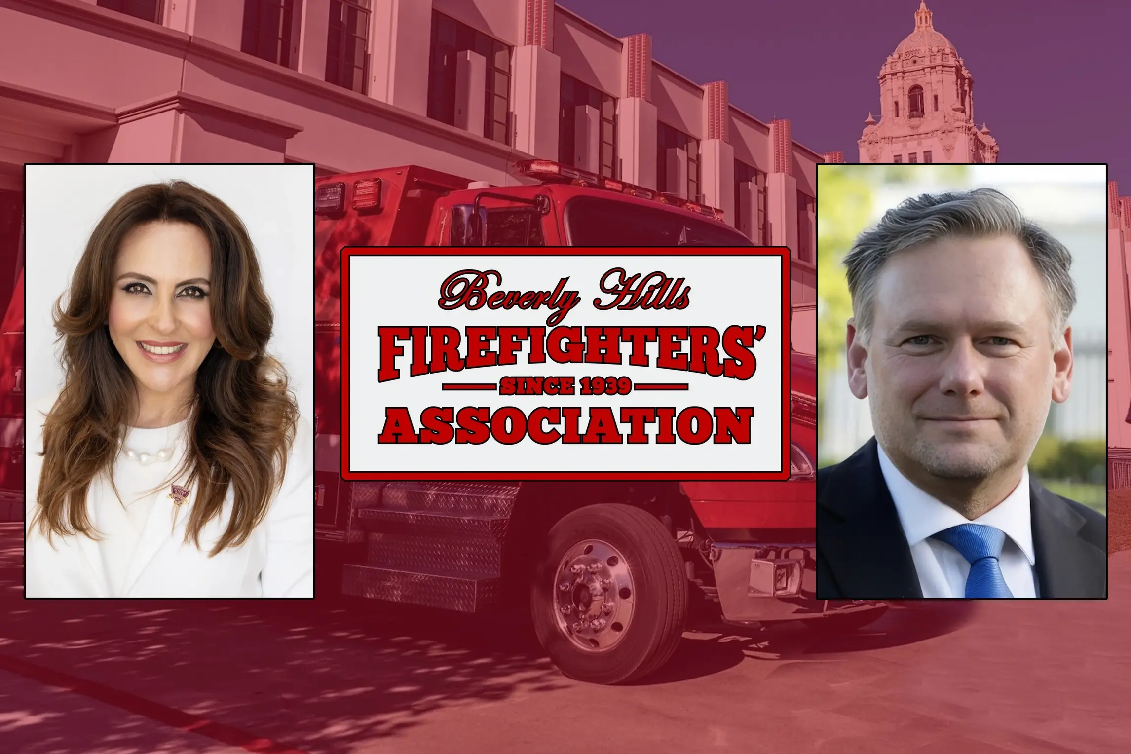 Mayor Sharona Nazarian, left, and BHUSD Board of Education member Russell Stuart received the endorsement of the Beverly Hills Firefighters Association in the 2026 Beverly Hills City Council race.