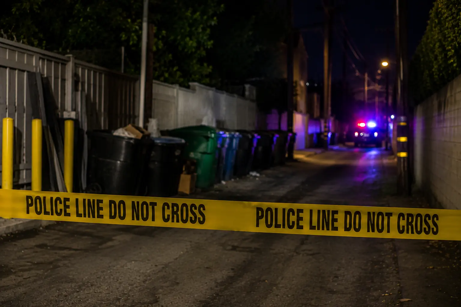 Recreation of a Beverly Hills alley secured with police tape following a late-night police response.