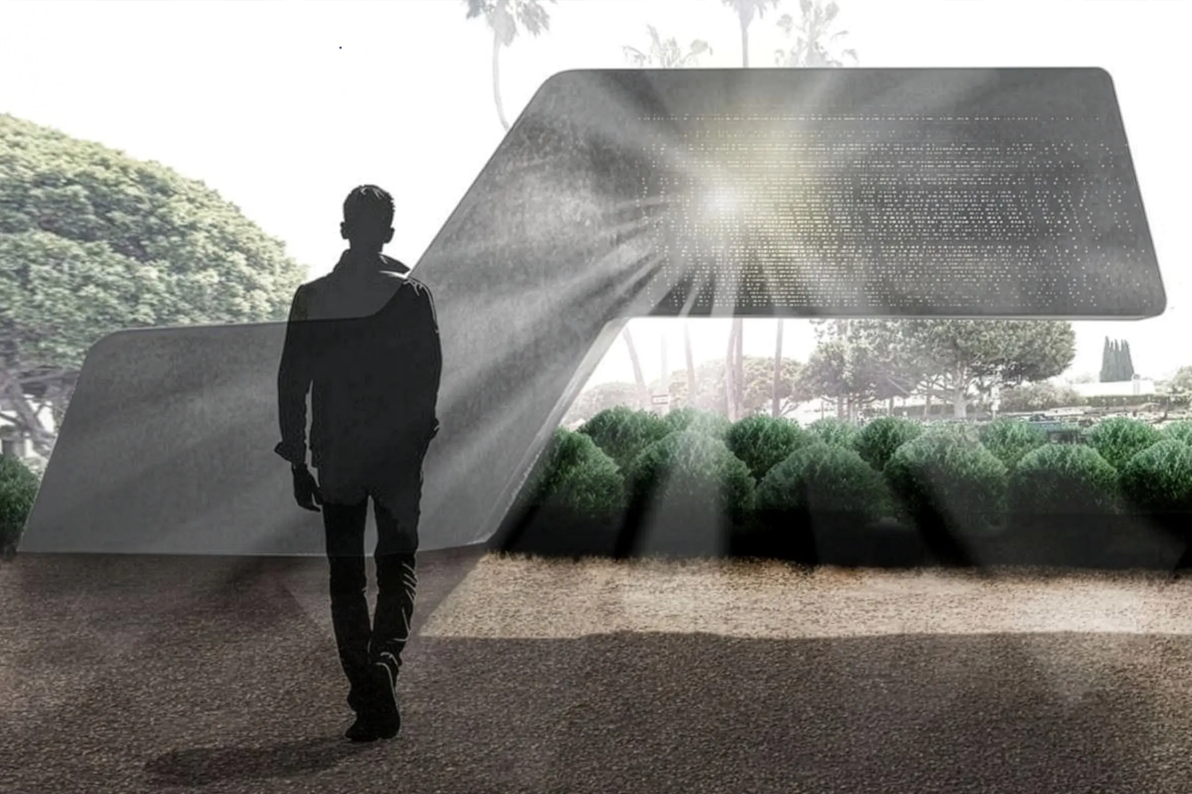 Rendering of the proposed Beverly Hills October 7th Memorial, "Light Shared Between Us," designed by atelier eyster architecture.