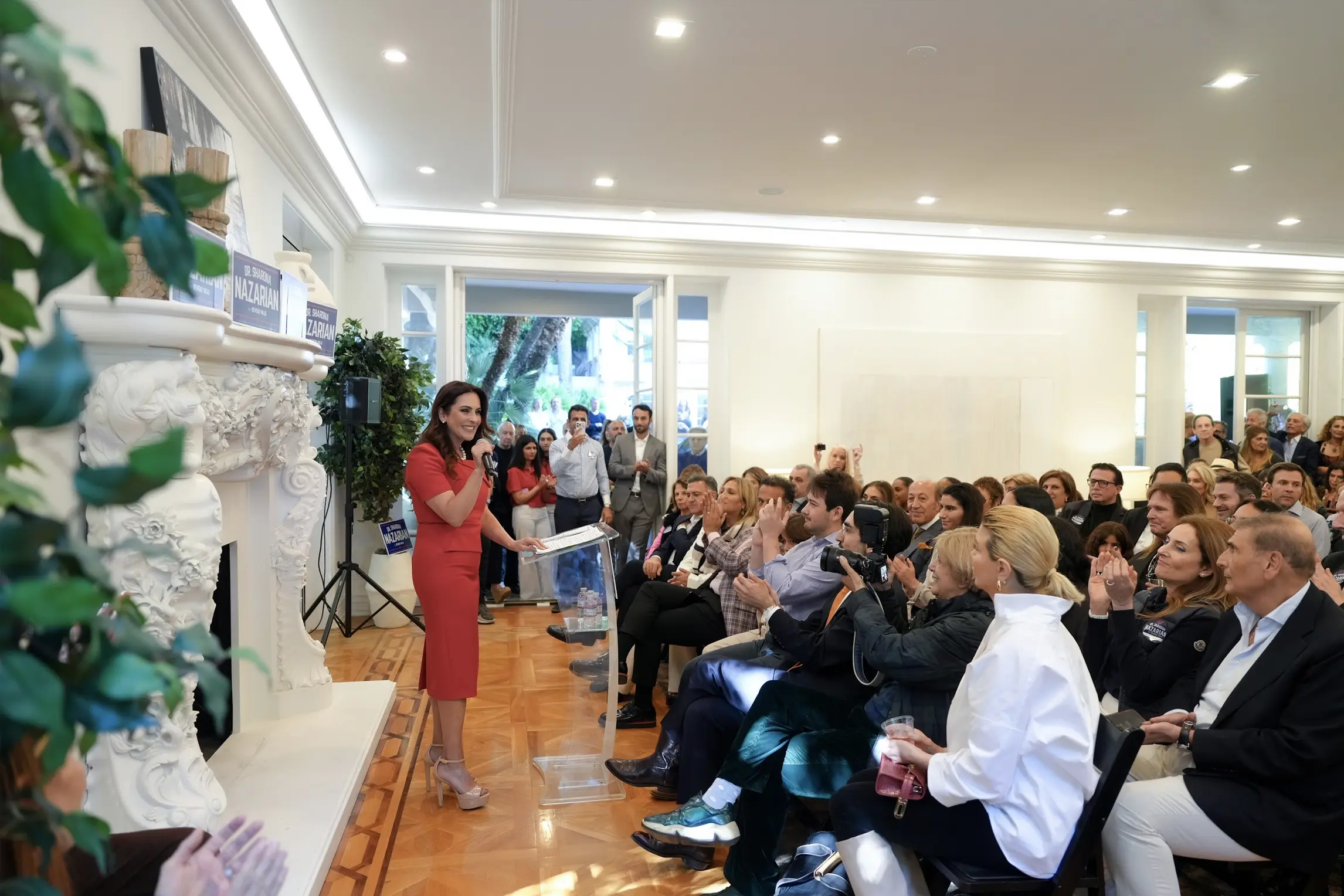 Sharona Nazarian speaks to supporters during her Beverly Hills City Council campaign kickoff.