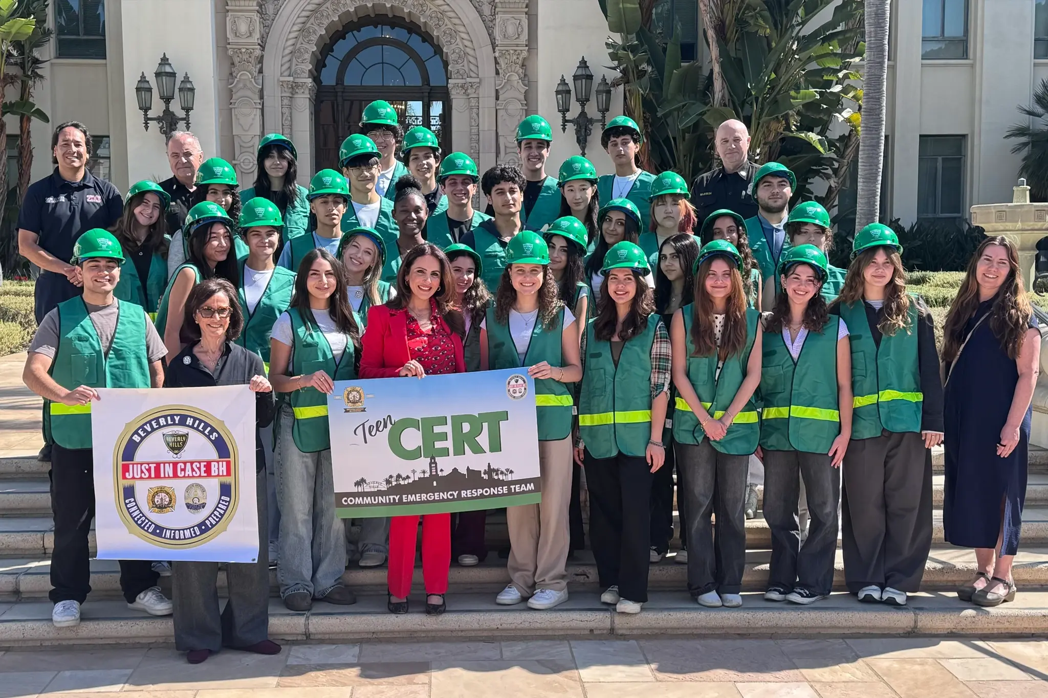Teen CERT graduates stand with Mayor Sharona Nazarian, Fire Chief Greg Barton, Vera Markowitz, BHHS MSA teacher Colleen Lynch and CERT Program Manager Gabriel Mier after completing 21 hours of training.