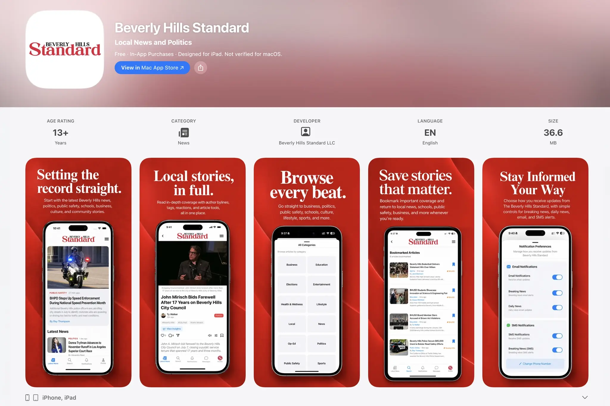 The Beverly Hills Standard is now available on the Apple App Store, giving readers direct access to local news, breaking updates, category browsing, saved stories and customizable notifications from their iPhone or iPad.