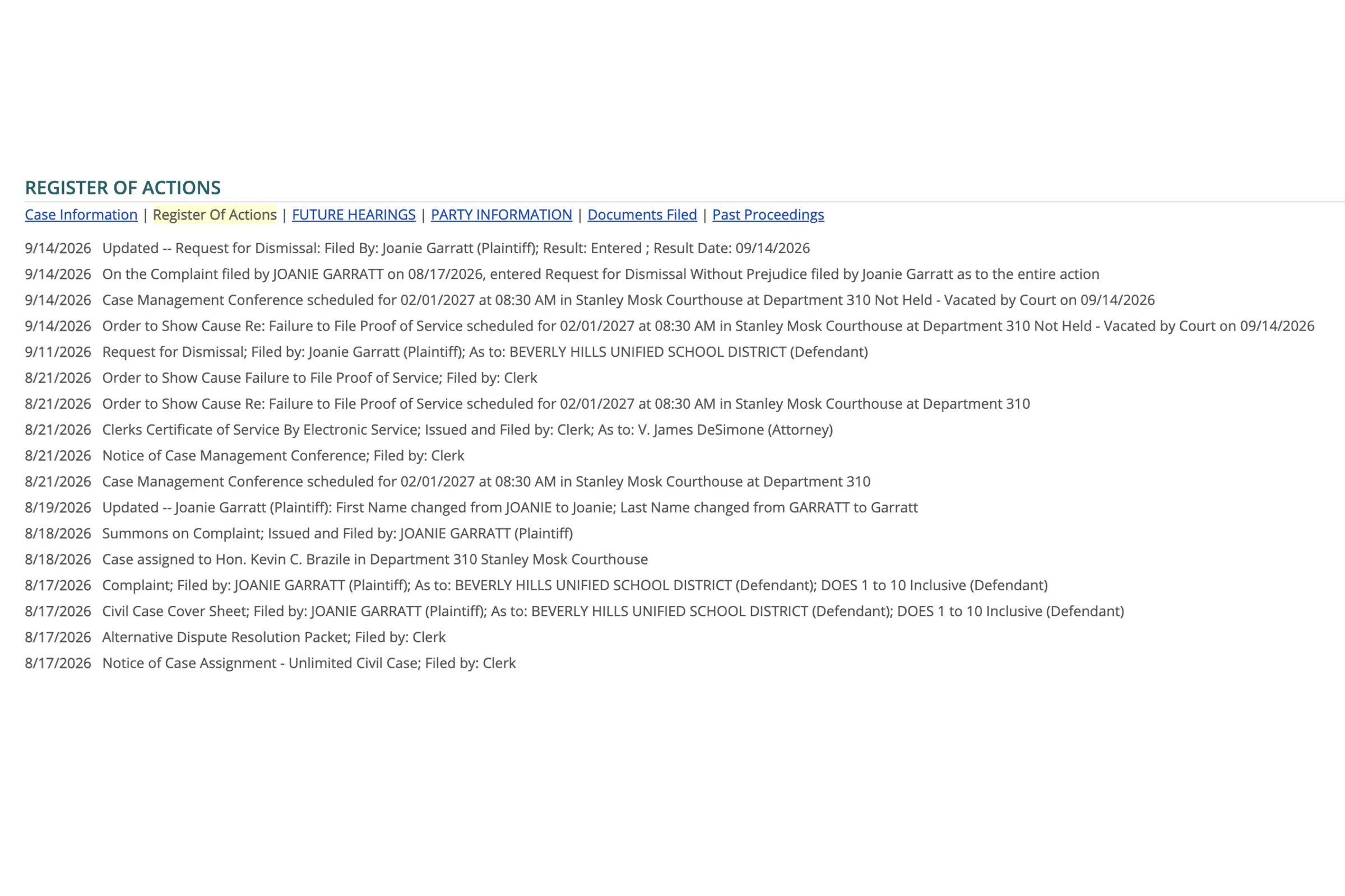 The Los Angeles Superior Court's register of actions records the September 14, 2026, entry of Joanie Garratt's voluntary dismissal, without prejudice, of her entire state lawsuit against BHUSD.