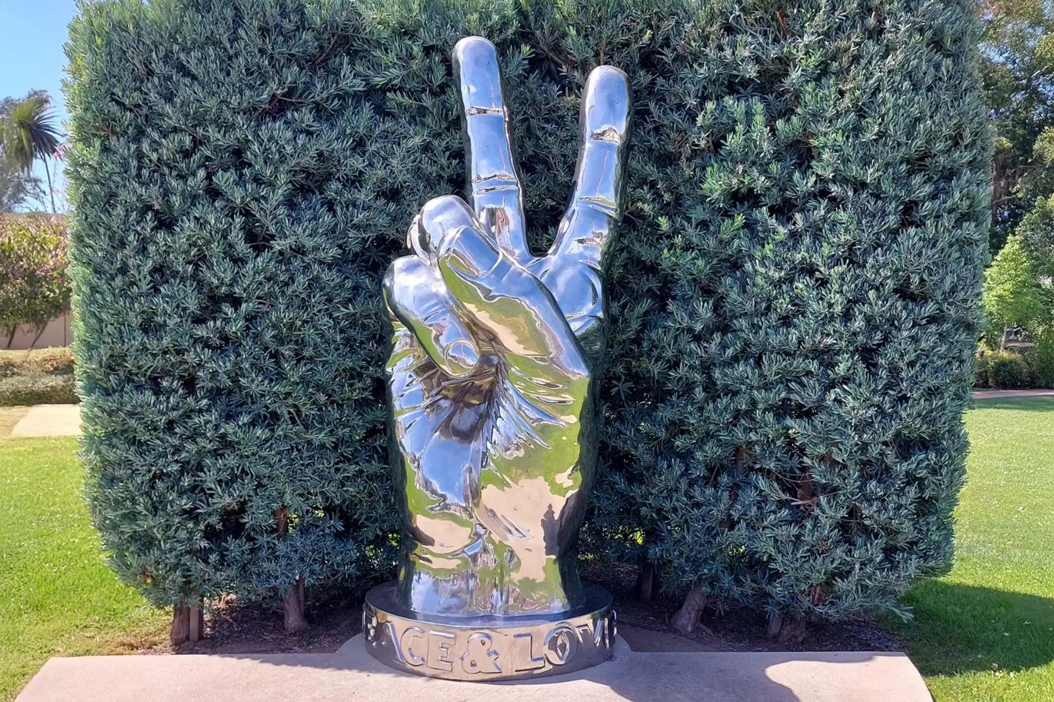 The “Peace & Love” sculpture by Beatles drummer Ringo Starr, installed in Beverly Gardens Park in 2019 as a symbol of peace and unity.