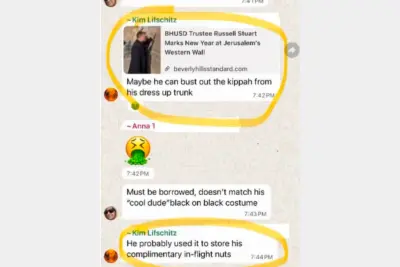 WhatsApp screenshot showing messages displayed under the name Kim Lifschitz about Russell Stuart's kippah, centered on a light gray background.