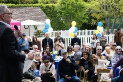 Lester Friedman speaks before supporters at his Beverly Hills City Council campaign launch.