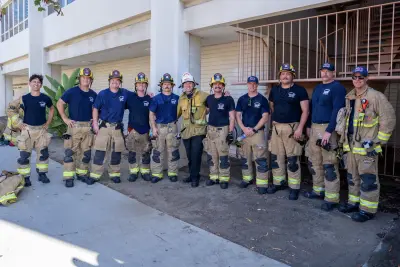 Beverly Hills Fire Department personnel gather outside the Lasky Building following Sunday’s joint training exercise with BHUSD.